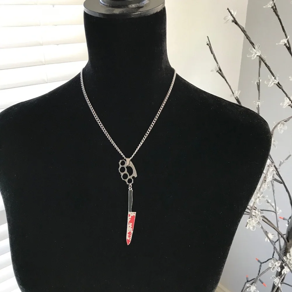 🆕3D Brass Knuckles & Bloody Knife Pendant N… Stainless Steel